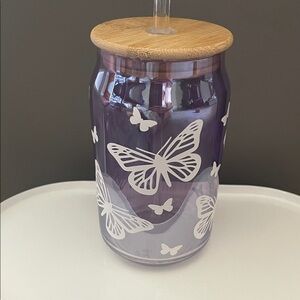 Purple Butterfly Glass Tumbler with Bamboo Lid